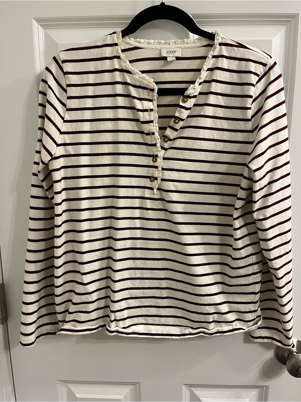 J. Crew Factory Women's Cream and Burgundy Striped Henley Top